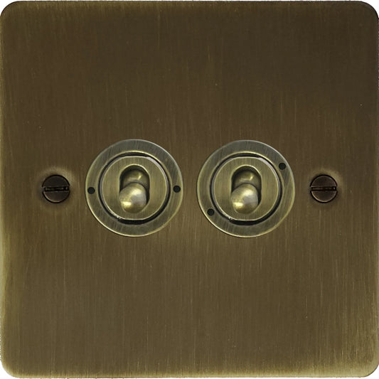 Flat Antique Brass 2 Gang Toggle Switch