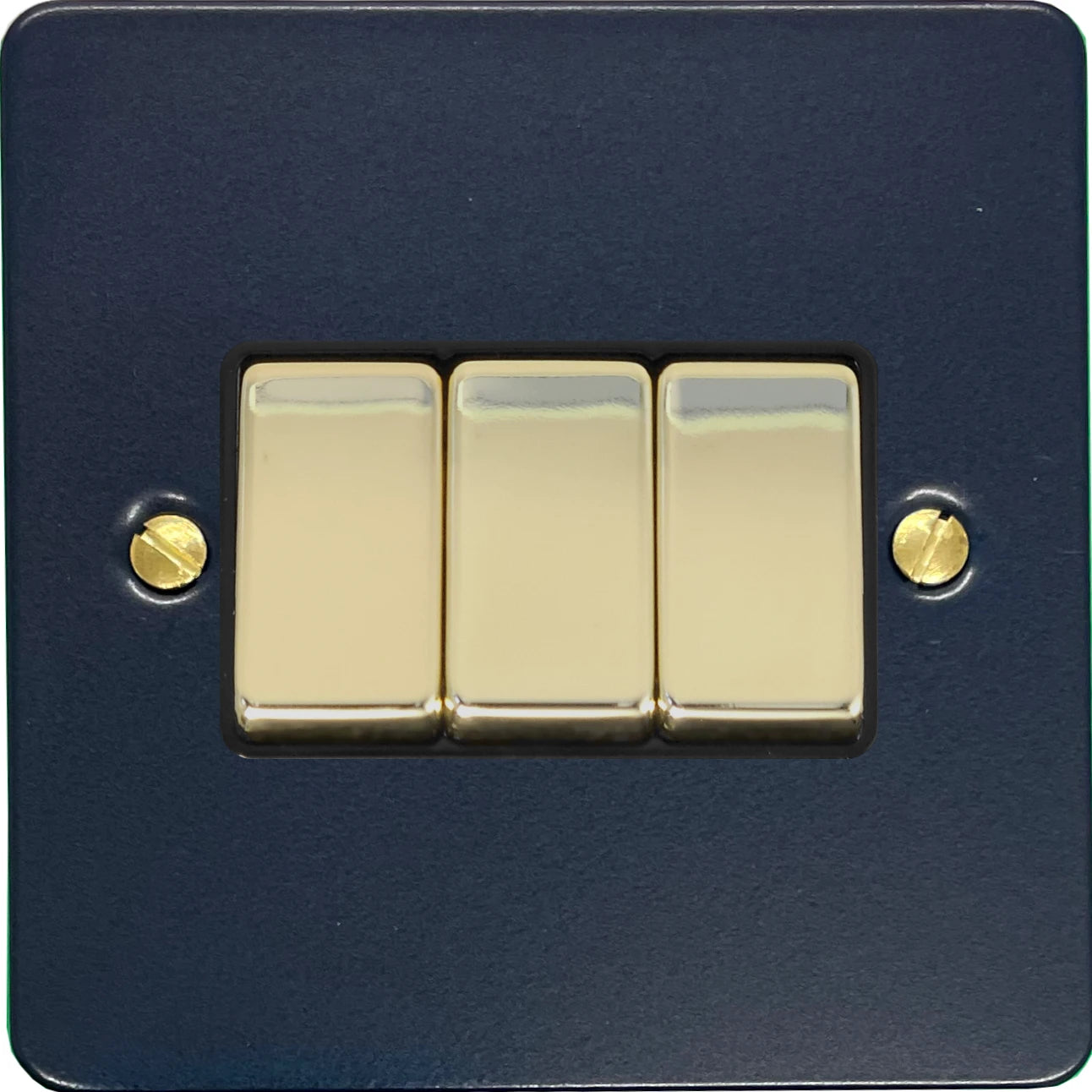 Flat Blue 3 Gang Switch (Polished Brass Switches/Black Inserts)