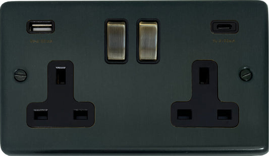 Contour Black Bronze 2 Gang Socket C/W USBC(Antique Brass switch)
