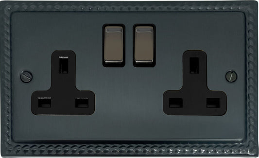 Georgian Black Bronze 2 Gang Socket (Black Nickel Switches)