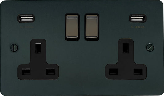 Flat Black Bronze 2 Gang Socket C/W Usb Ports - Flat range electrical USB socket