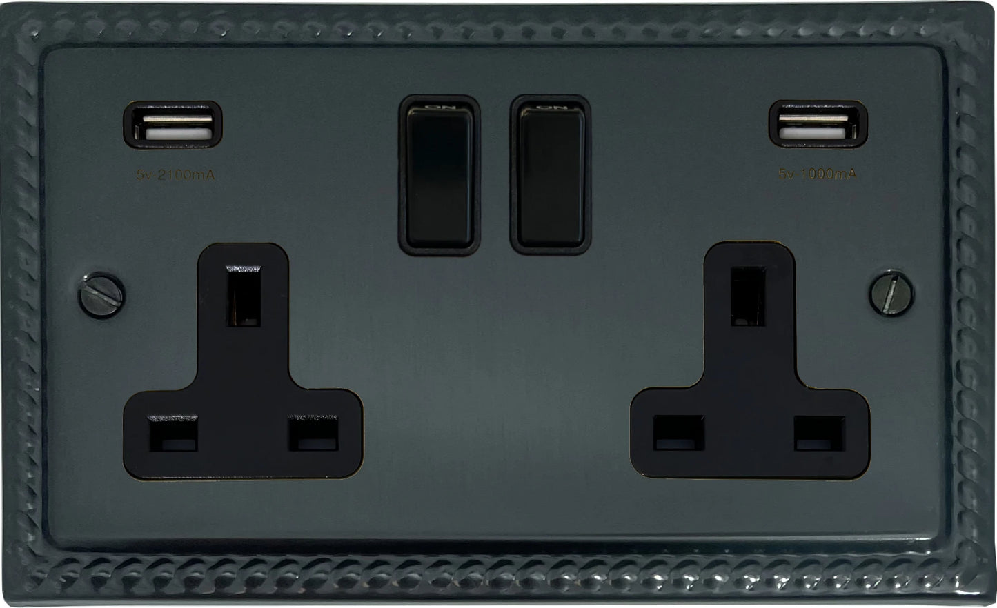 Georgian Black Bronze  2 Gang Socket with USB (Black Switches)
