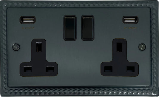 Georgian Black Bronze 2 Gang Socket with USB (Black Switches) - Georgian range electrical socket