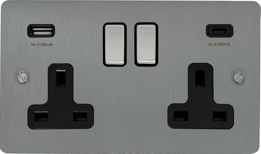 Flat Brushed Steel 2 Gang USBC Double Socket