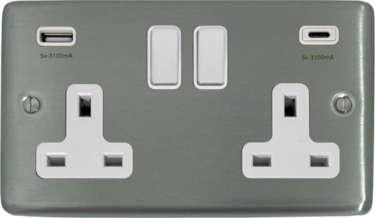 Contour Brushed Steel 2 Gang Socket + USBC