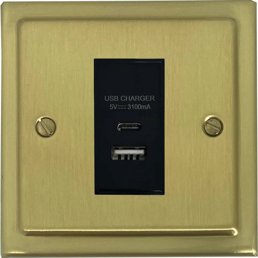 Trimline Satin Brass 1 Gang USB Type A + C