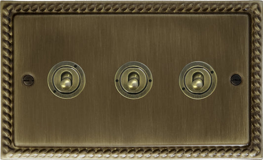 Georgian Antique Brass 3 Gang Toggle Switch