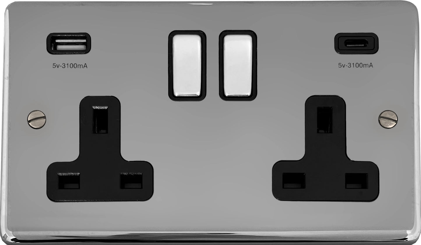 Contour Polished Chrome 2 Gang Socket + USBC