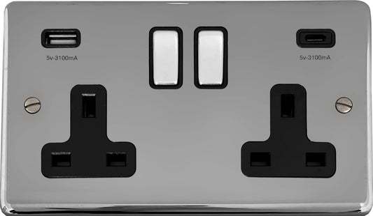 Contour Polished Chrome 2 Gang Socket + USBC