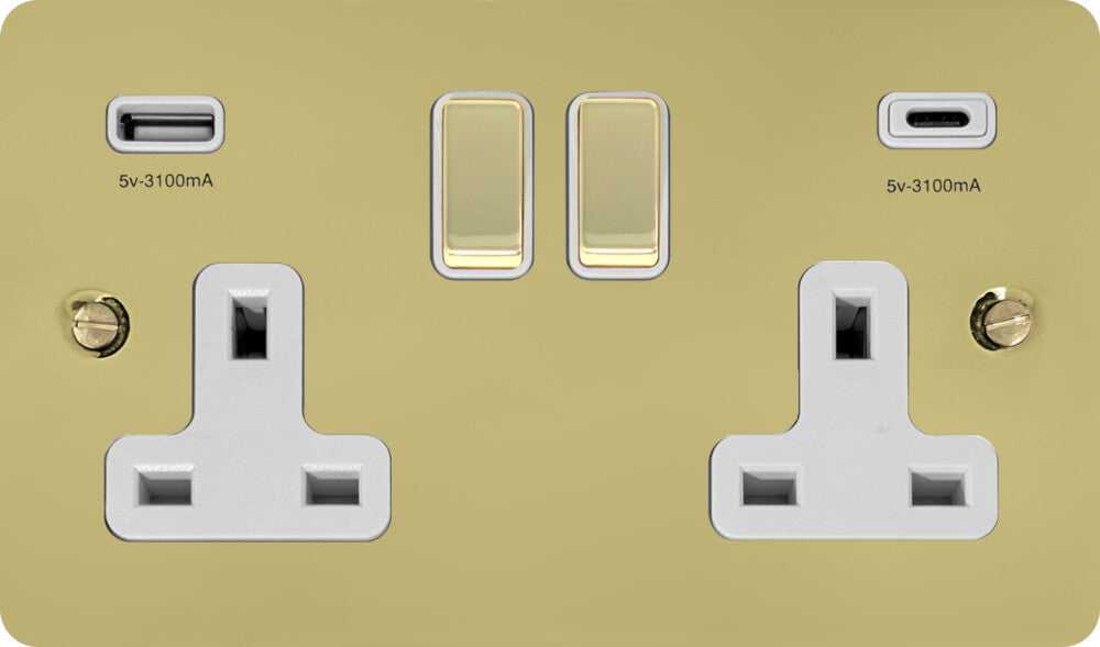Flat Polished Brass 2 Gang Socket C/W USBC Ports