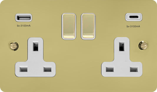 Flat Polished Brass 2 Gang Socket C/W USBC Ports