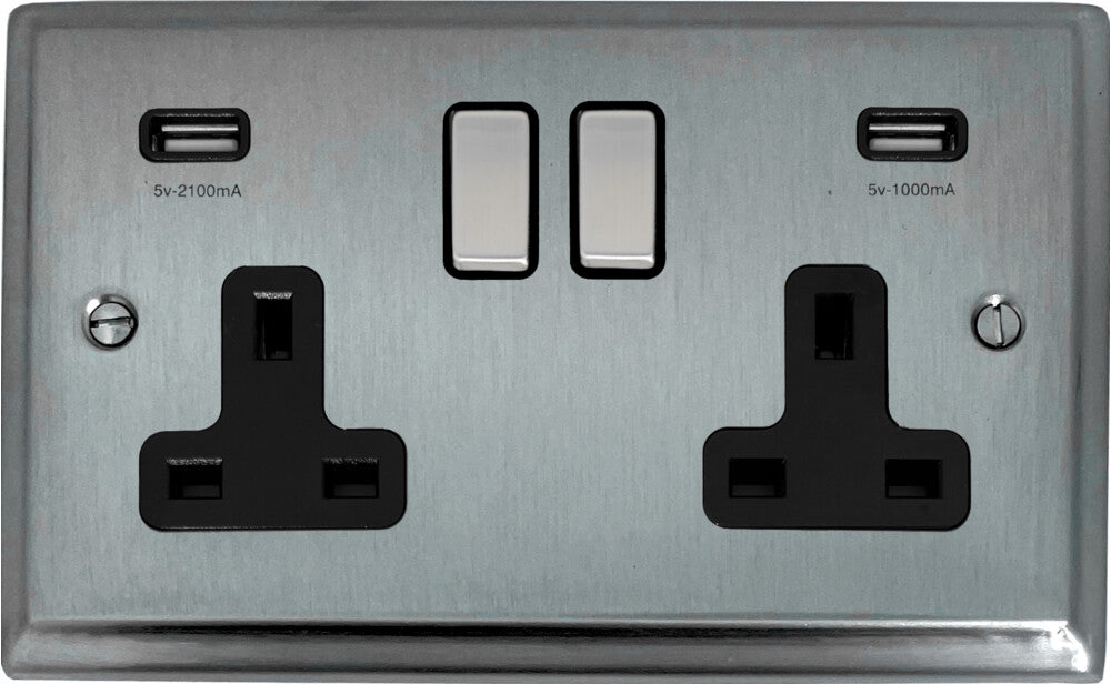 Deco Satin Chrome 2 Gang Socket C/W Usb Ports