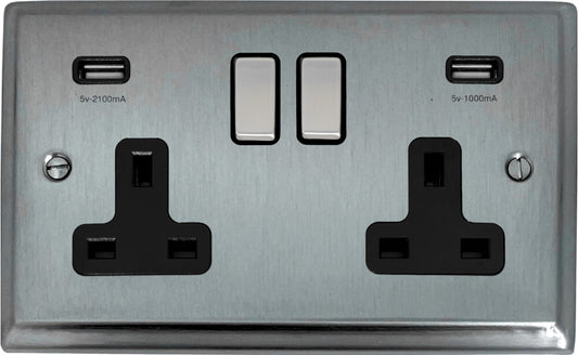 Deco Satin Chrome 2 Gang Socket C/W Usb Ports
