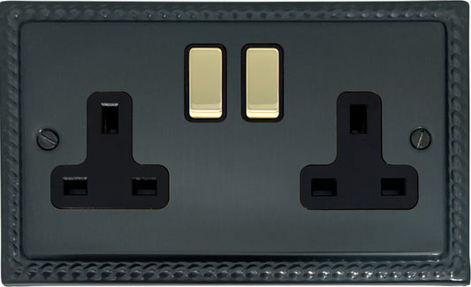 Georgian Black Bronze 2 Gang Socket (Polished Brass Switches)