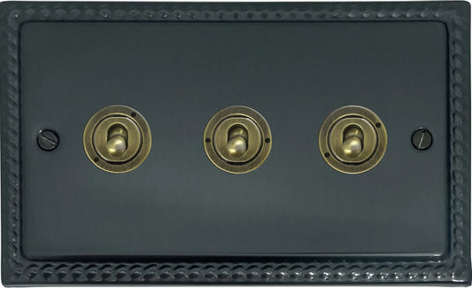 Georgian Black Bronze 3 Gang Toggle Switch (Antique Brass Toggles)