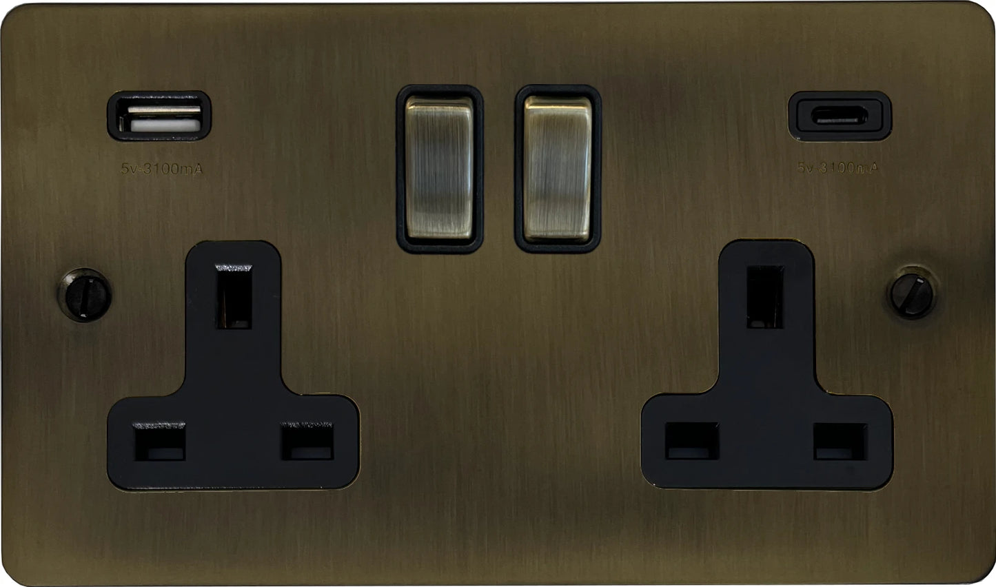 Flat Antique Brass 2 Gang USBC Socket (Brass Switches)