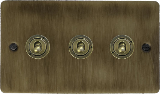 Flat Antique Brass 3 Gang Toggle Switch