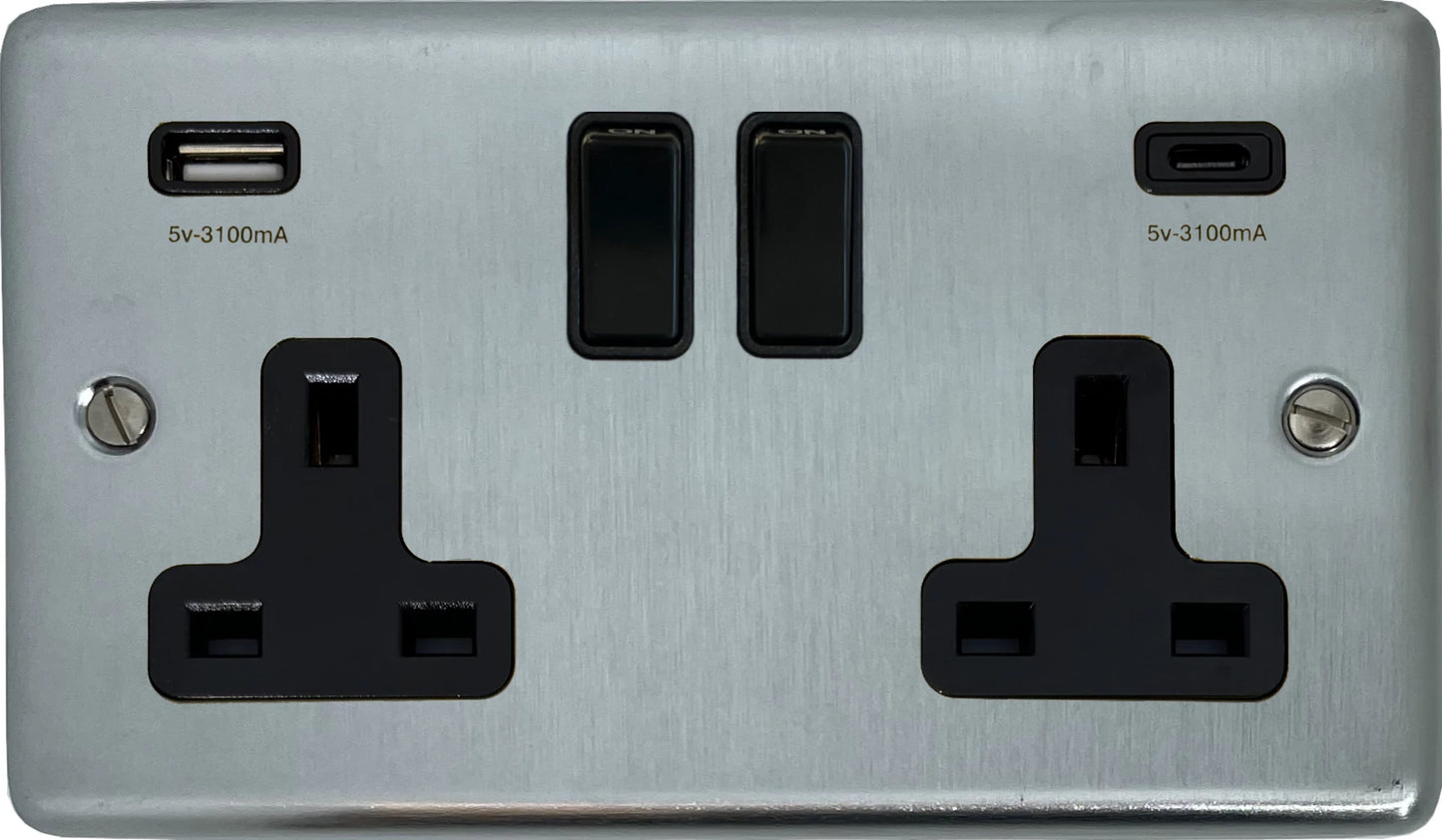 Contour Satin Chrome  2 Gang Socket with USBC