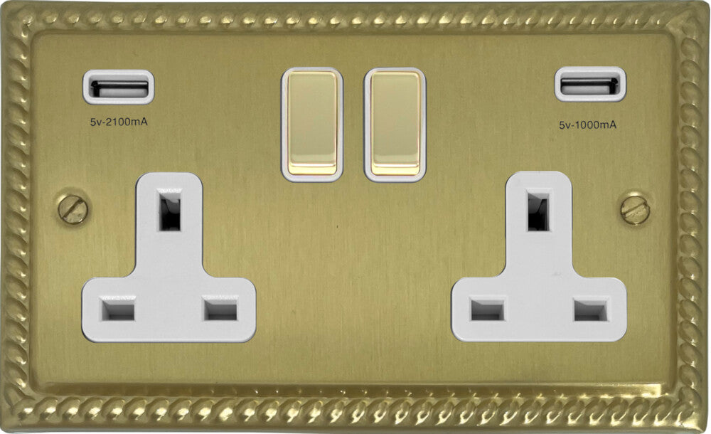 Georgian Satin Brass 2 Gang Socket C/W Usb Ports