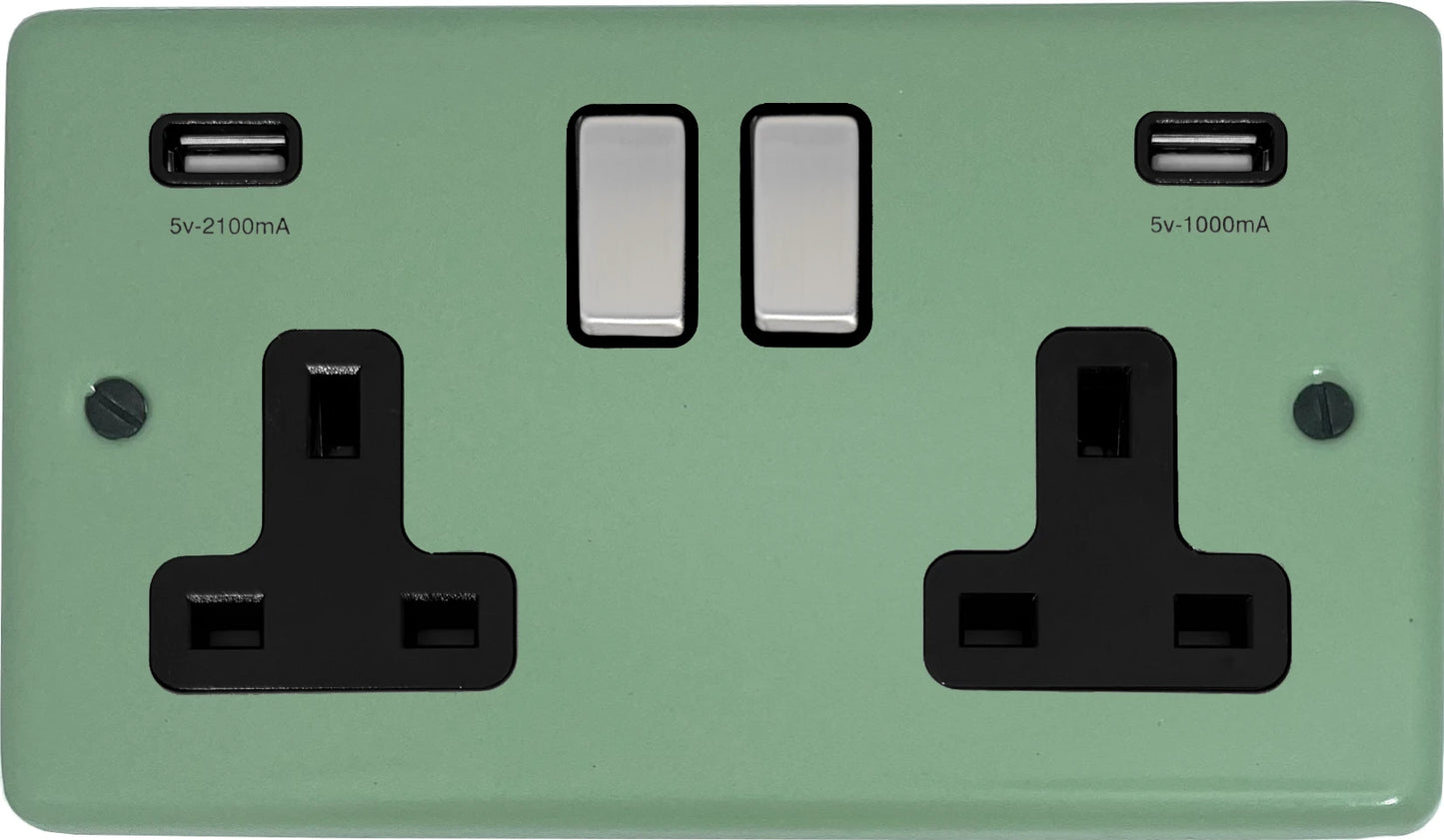 Classic Sage Green 2 Gang Socket With USB (Satin Chrome Switch/Black Insert)
