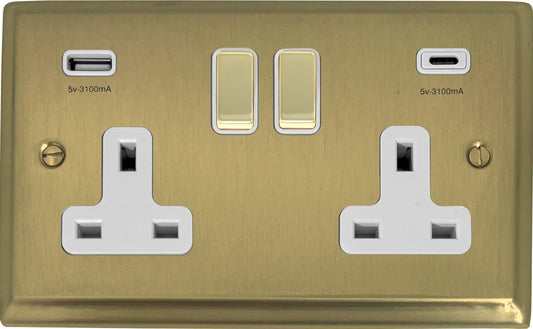 Deco Satin Brass 2 Gang Socket C/W USBC Ports