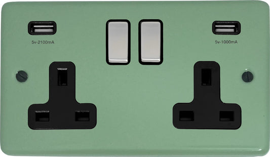 Classic Sage Green 2 Gang Socket With USB (Satin Chrome Switch/Black Insert)