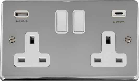 Contour Polished Chrome 2 Gang Socket + USBC