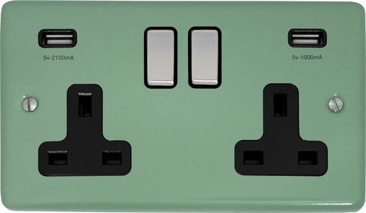Classic Sage Green 2 Gang Socket With USB (Satin Chrome Switch/Black Insert)
