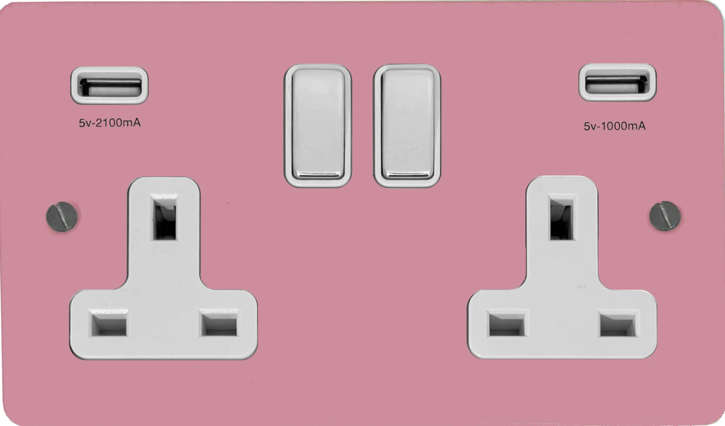 Flat Gloss Pink 2 Gang Socket with USB (Polished Chrome Switches/White Inserts)