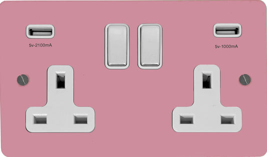 Flat Gloss Pink 2 Gang Socket with USB (Polished Chrome Switches/White Inserts)