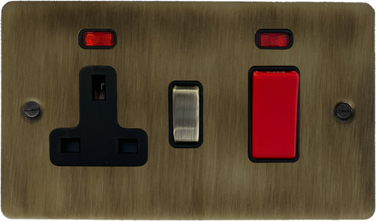 Flat Antique Brass 45 Amp Cooker Switch and Socket (Black Switch)