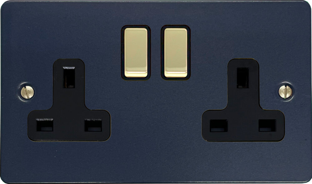Flat Blue 2 Gang Socket (Polished Brass Switches/Black Inserts)