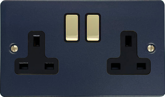 Flat Blue 2 Gang Socket (Polished Brass Switches/Black Inserts)