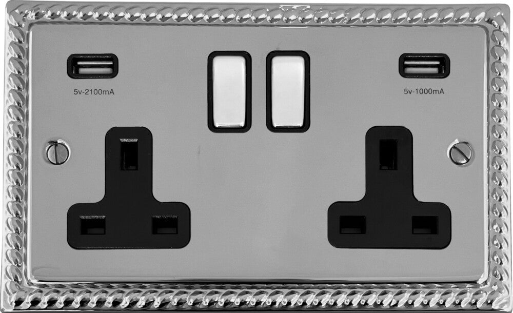 Georgian Polished Chrome 2 Gang Socket C/W Usb Ports