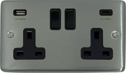 Contour  Brushed Steel  2 Gang Socket with USBC