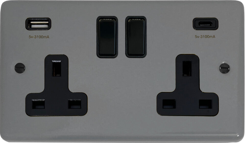 Contour  Light Grey  2 Gang Socket with USBC