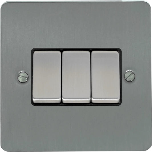 Flat Brushed Steel 3 Gang 2 Way Switch