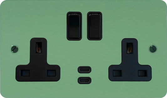 Flat Sage Green 2 Gang Socket with USBC (Black Switches)