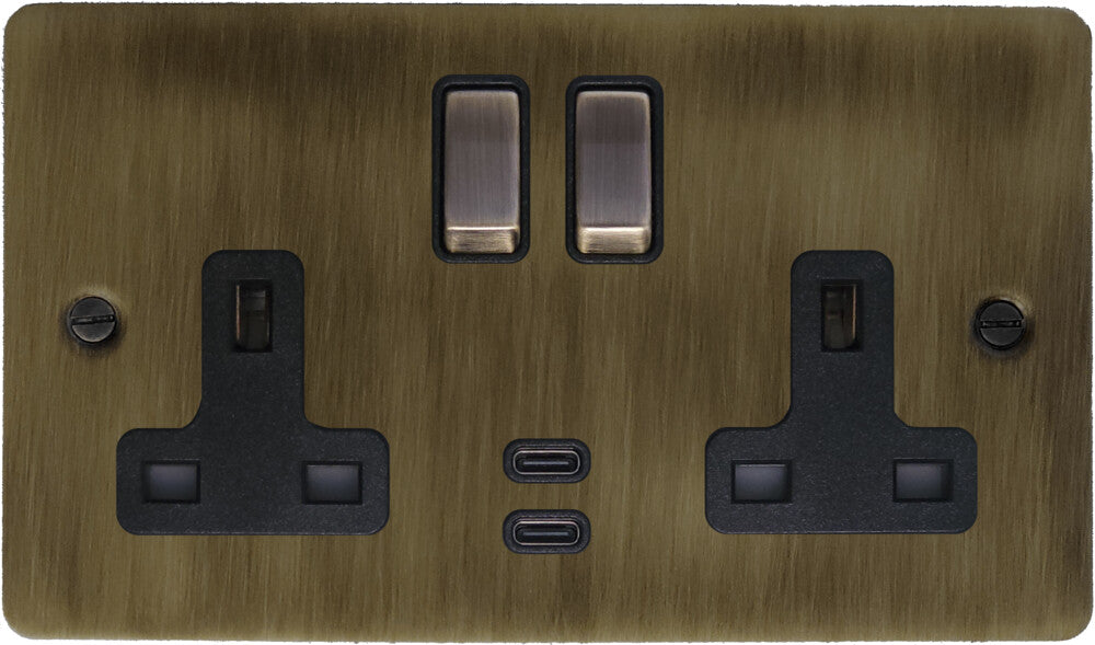 Flat Antique Brass 2 Gang USBC Socket (Brass Switches)
