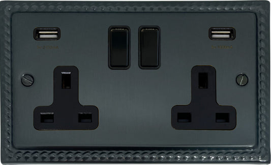 Georgian Black Bronze  2 Gang Socket with USB (Black Switches)