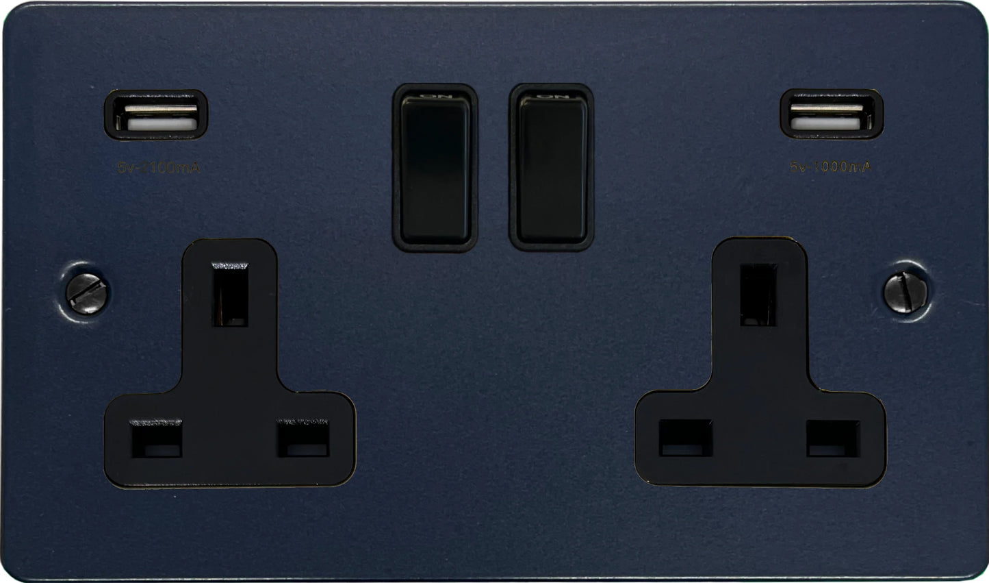 Flat Blue 2 Gang Socket with USB (Black Switches)