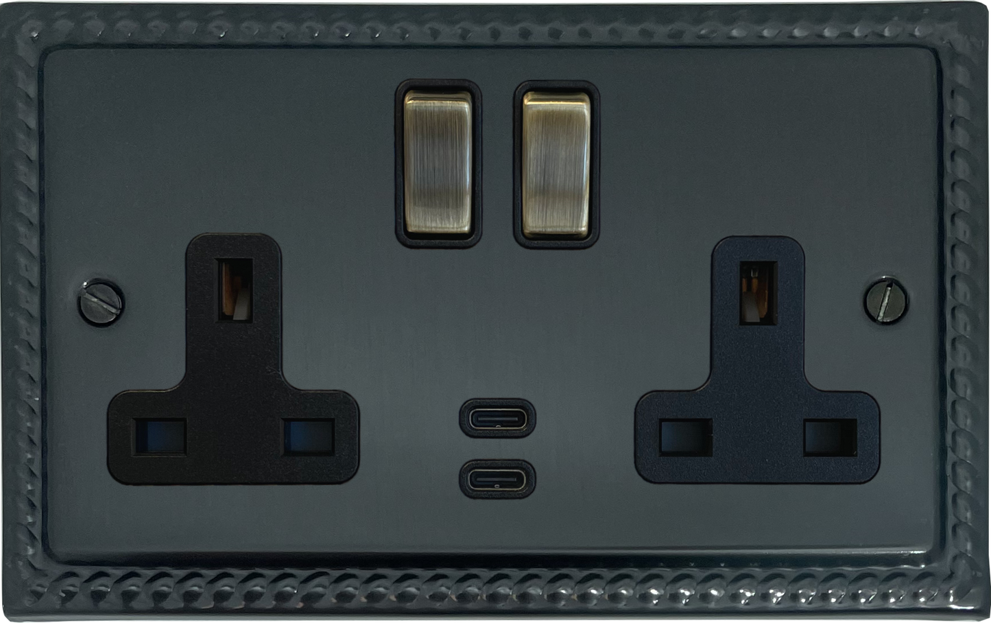 Georgian Black Bronze 2 Gang USBC Socket (Antique Brass Switches)