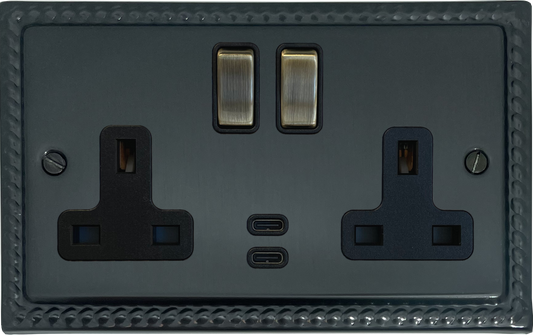 Georgian Black Bronze 2 Gang USBC Socket (Antique Brass Switches)