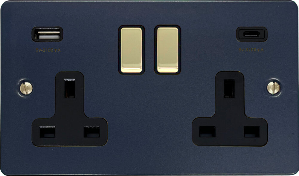 Flat Blue 2 Gang Socket with USBC (Polished Brass Switches/Black Inserts)