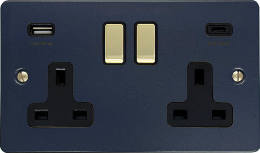 Flat Blue 2 Gang Socket with USBC (Polished Brass Switches/Black Inserts)