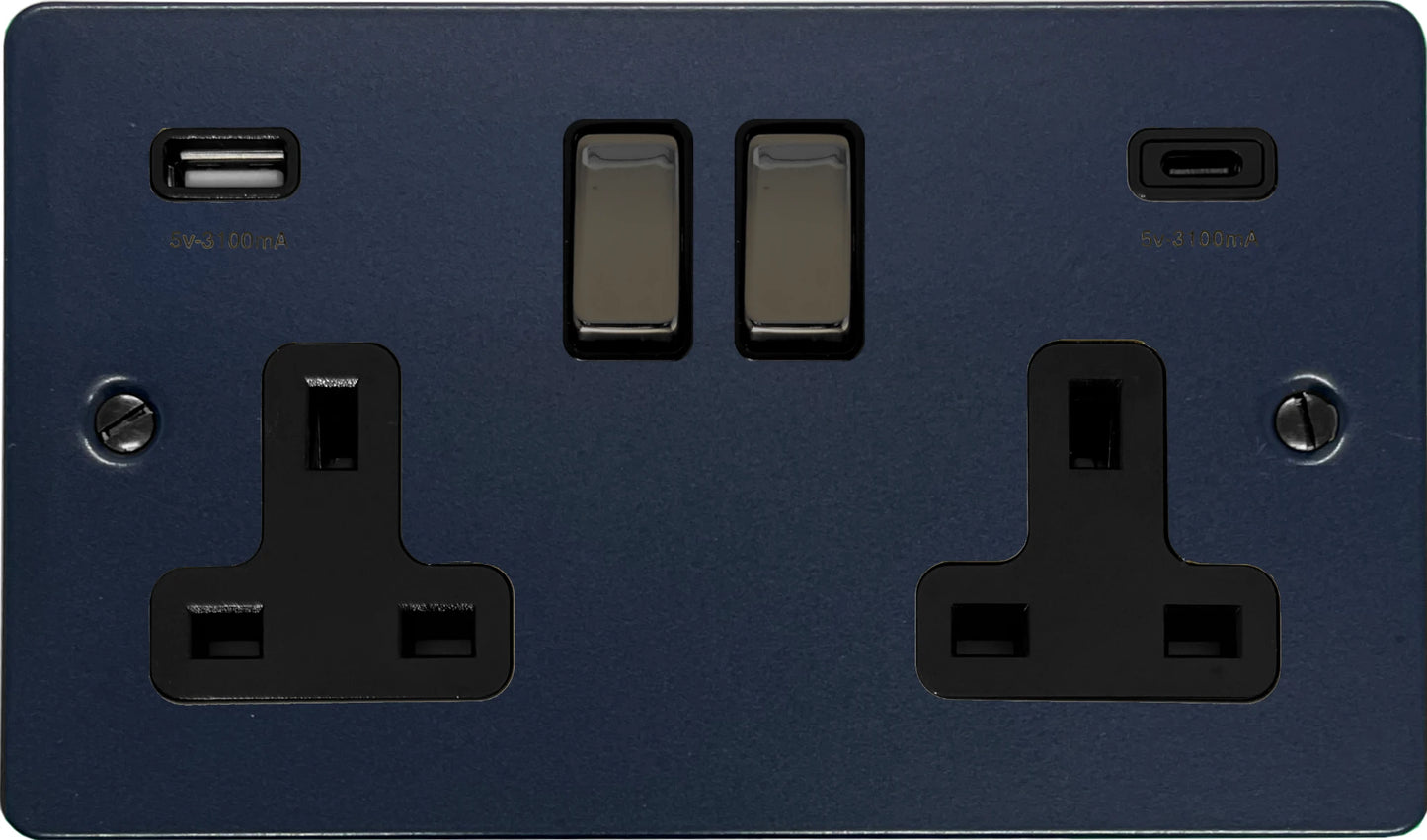Flat Blue 2 Gang Socket with USBC (Black Nickel Switch/Black Insert)