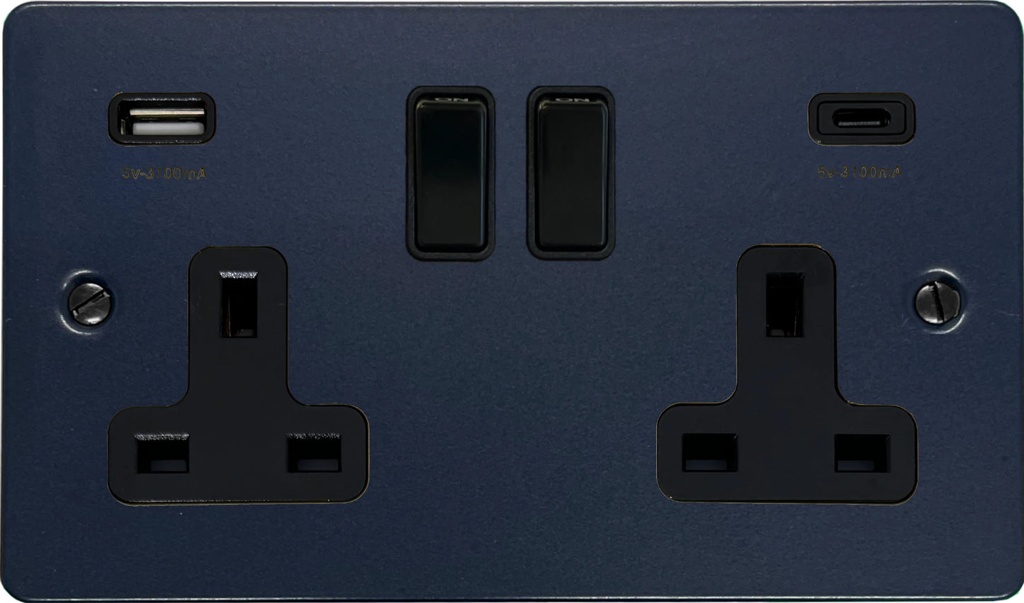 Flat Blue 2 Gang Socket with USBC (Black Switches)