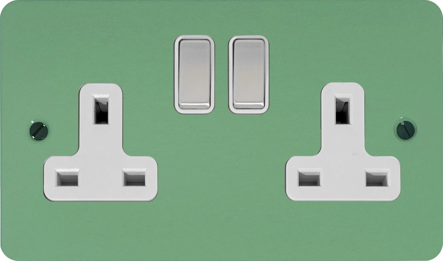 Flat Sage Green 2 Gang Socket (Satin Chrome Switches/White Inserts)