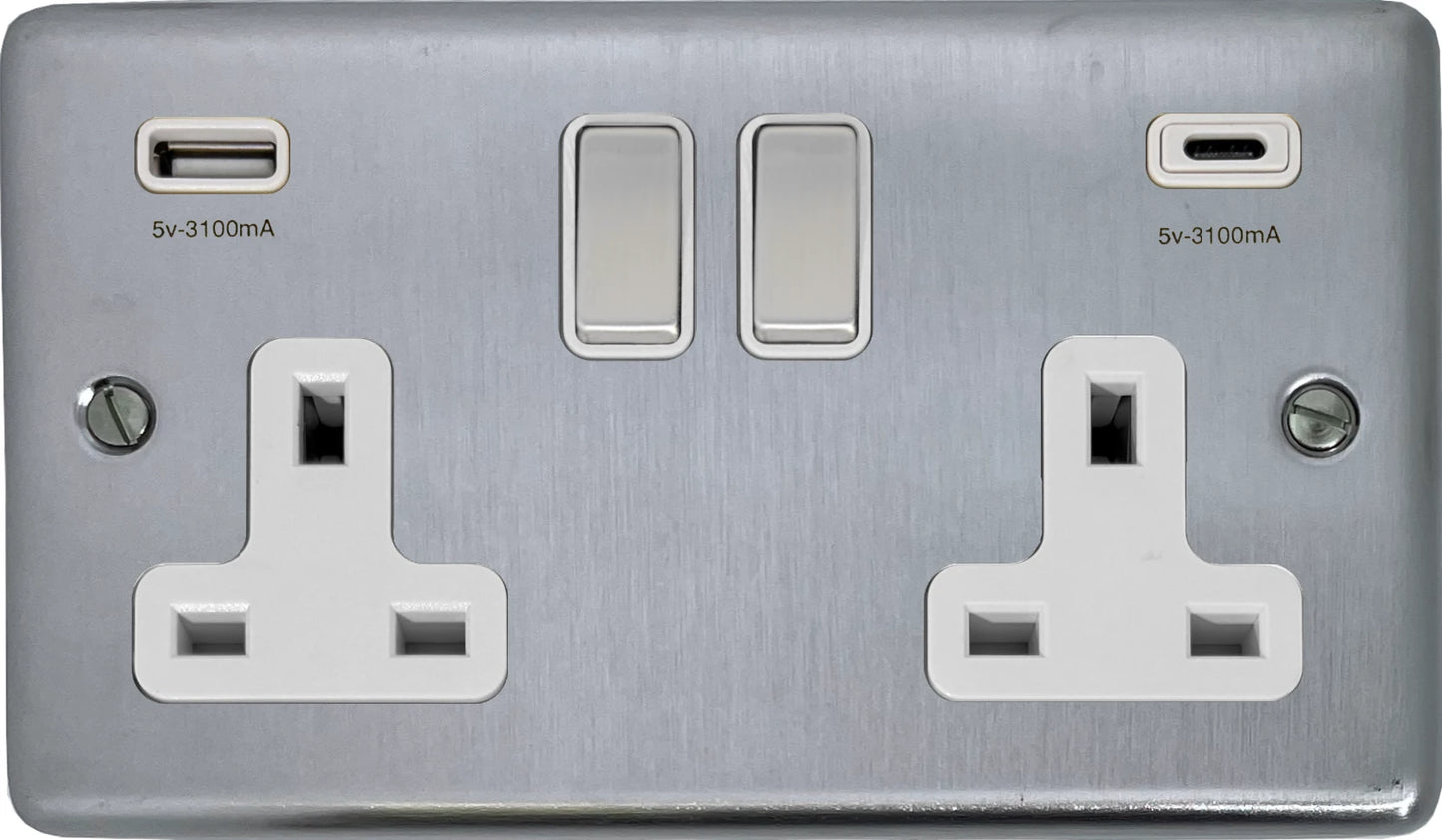 Contour Satin Chrome 2 Gang Socket C/W USBC Ports