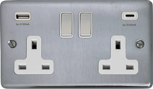 Contour Satin Chrome 2 Gang Socket C/W USBC Ports